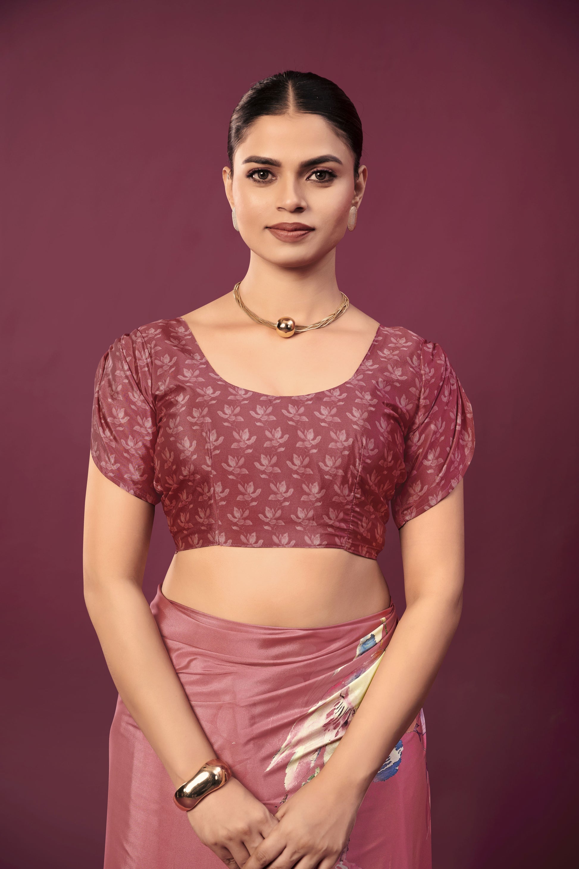 RTWPAULA 901 - Premium Digital Print Rtw Saree, Stitched Blouse With Scarf Crepe Silk Saree (Pink) - View 3