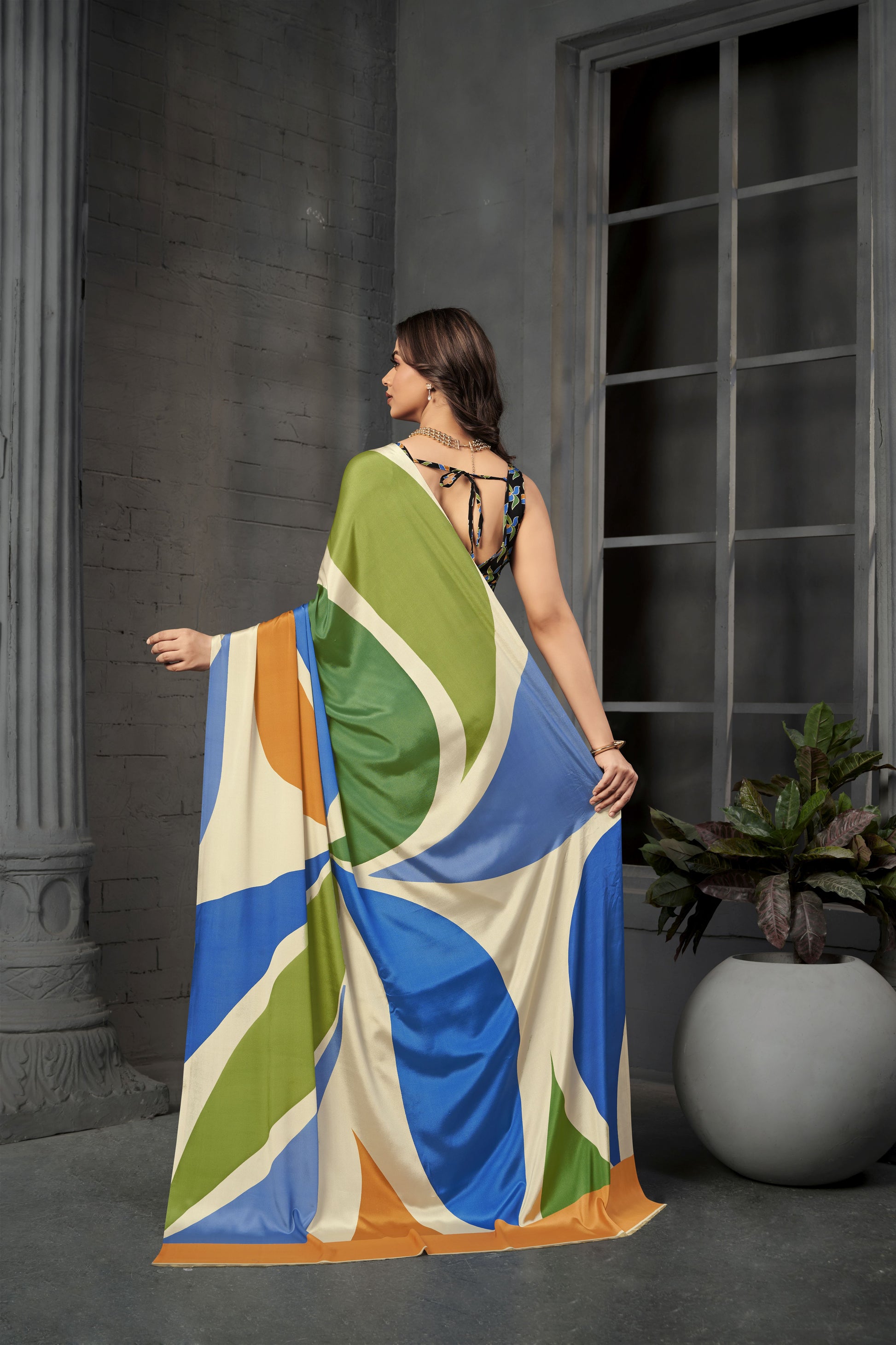 RTWSERENE 808 - Premium Digital Print Rtw Saree, Stitched Blouse With Scarf Crepe Silk Saree (Multicolor) - View 4