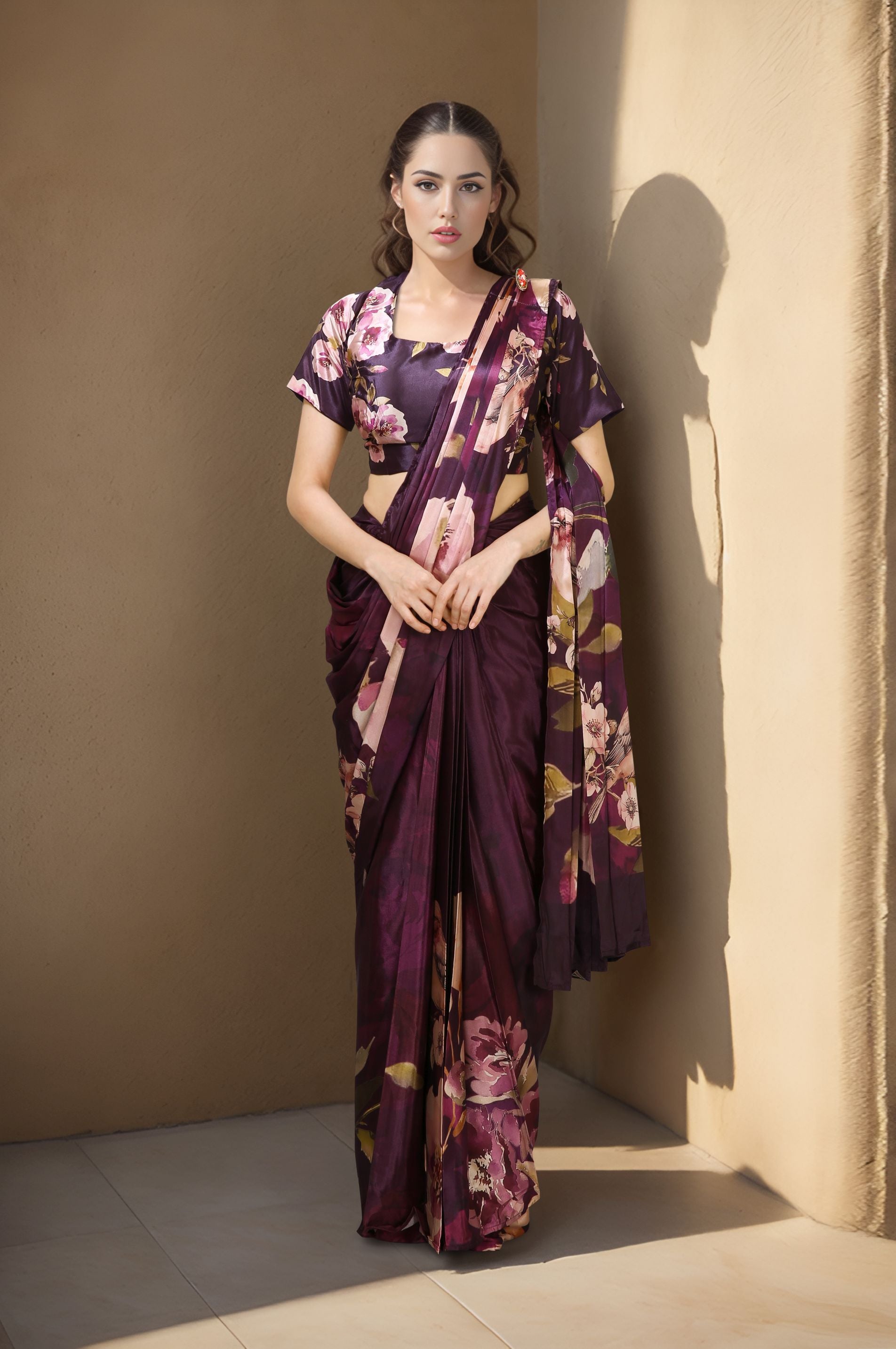 HISO2 - Rtw Saree And Stitched Blouse (Wine) - View 1