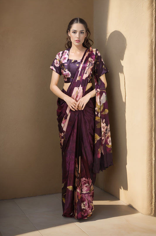 HISO2 - Rtw Saree And Stitched Blouse (Wine) - View 1