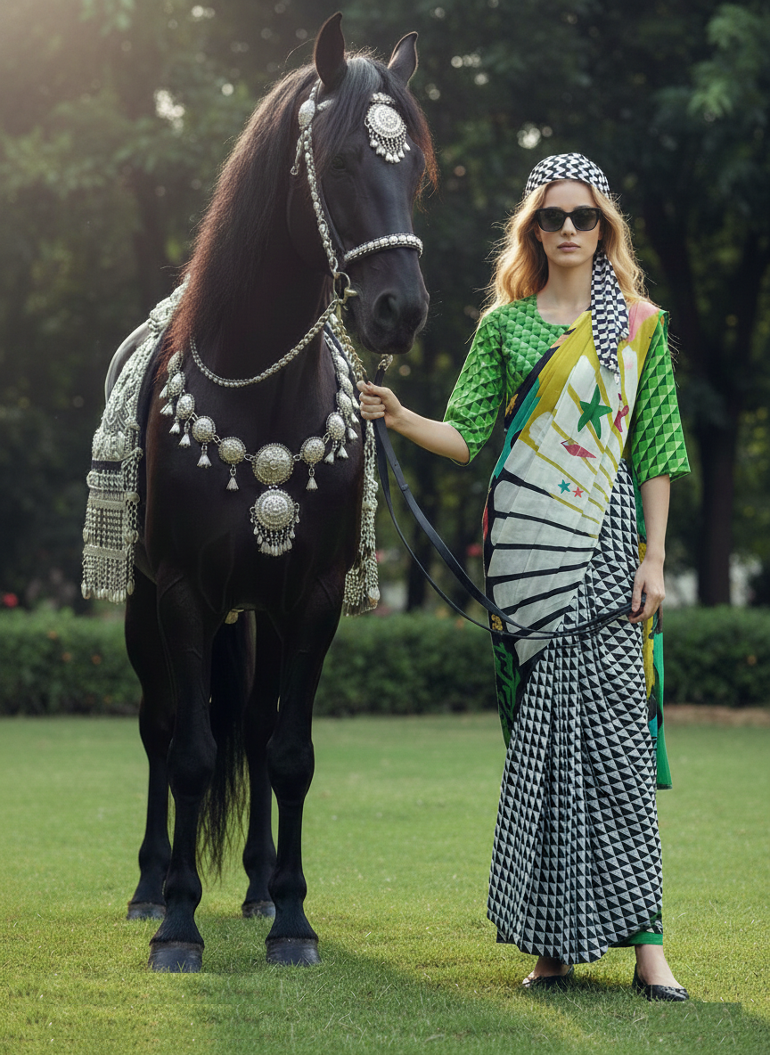 3ISO-04 - Rtw Saree, Stitched Blouse With Scarf (Green) - View 5