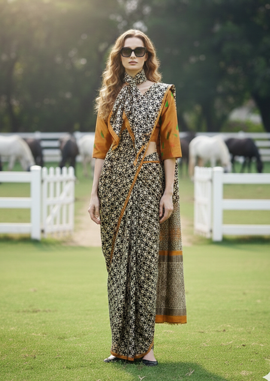 3ISO-08 - Rtw Saree, Stitched Blouse With Scarf (Beige) - View 1
