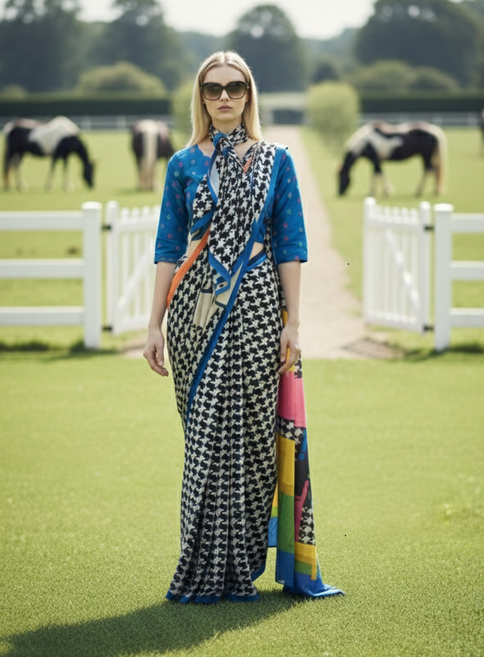 3ISO-07 - Rtw Saree, Stitched Blouse With Scarf (Blue) - View 1