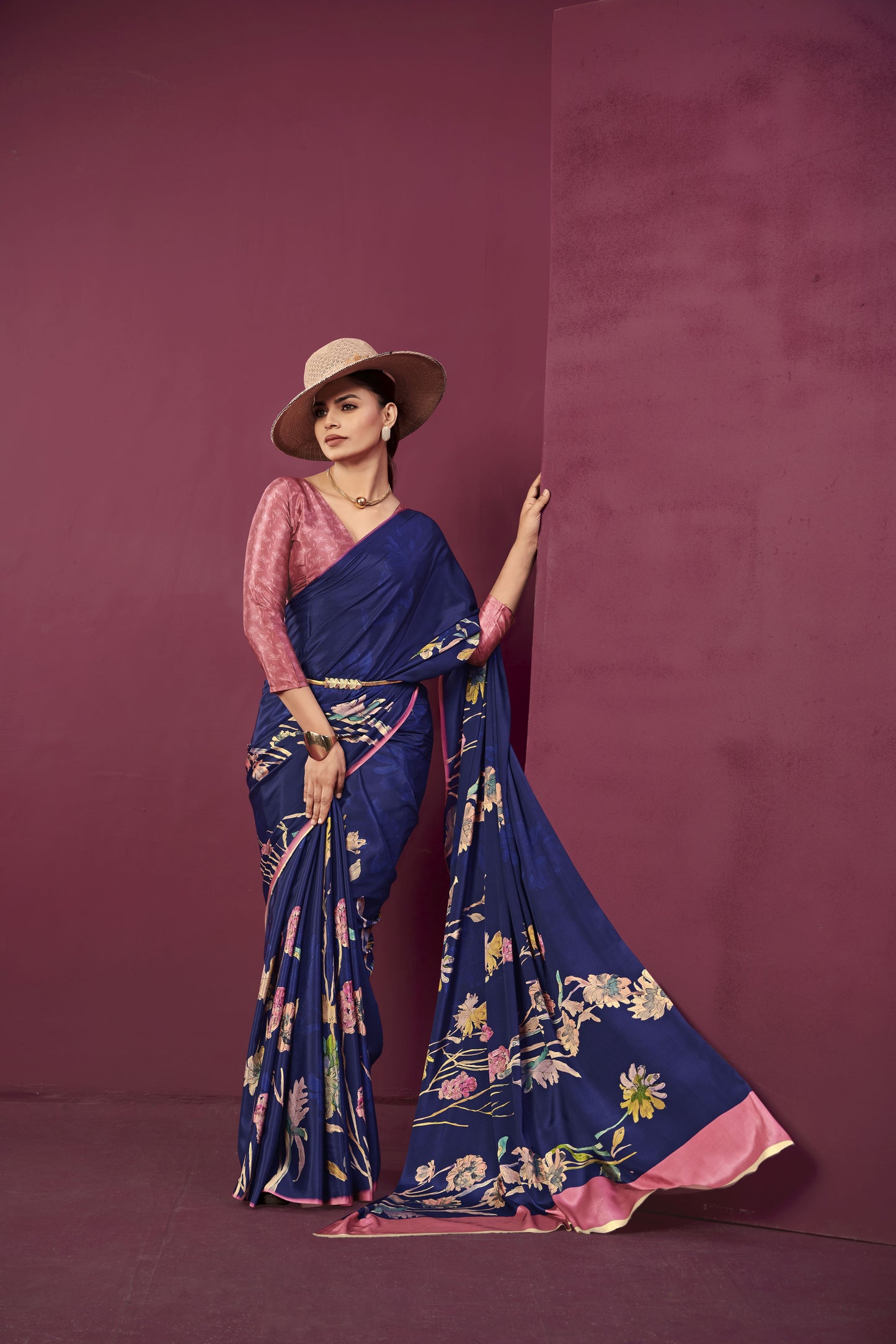 RTWPAULA 905 - Premium Digital Print Rtw Saree, Stitched Blouse With Scarf Crepe Silk Saree (Blue) - View 1