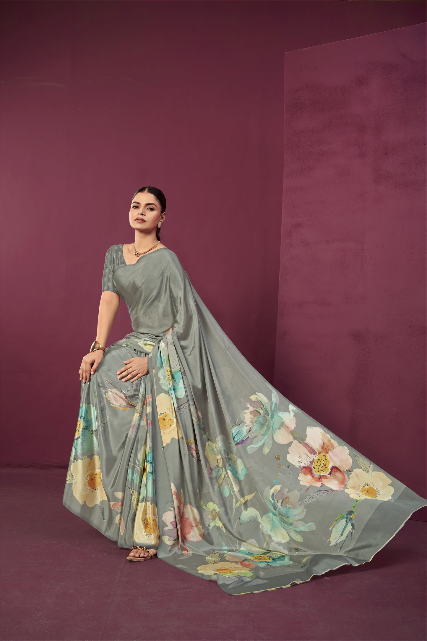 RTWPAULA 903 - Premium Digital Print Rtw Saree, Stitched Blouse With Scarf Crepe Silk Saree (Grey) - View 2