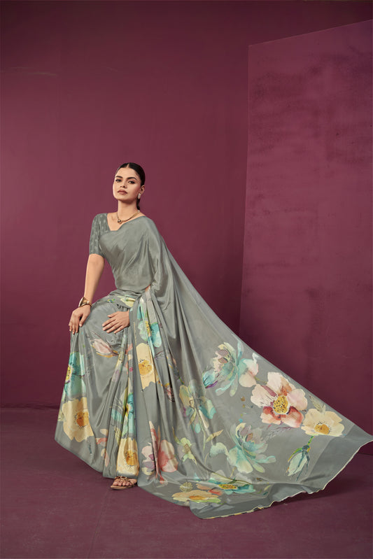 RTWPAULA 903 - Premium Digital Print Rtw Saree, Stitched Blouse With Scarf Crepe Silk Saree (Grey) - View 2